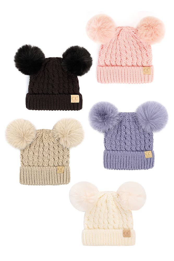 C.C Kids Double Pom Pom All Over Cable Beanie: Lavender