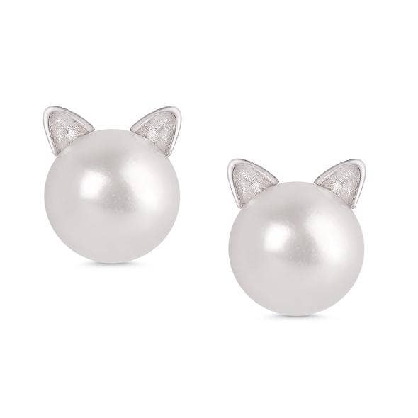 Freshwater Pearl Cat Stud Earrings In Sterling Silver