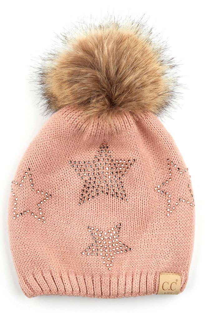 C.C Kids Faux Fur Pom Beanie with Rhinestone Star: New Candy Pink