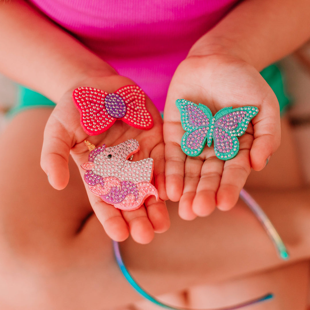 Unicorn/Butterfly/Bow Interchangeable Rhinestone Charm Headband and Hair Clips