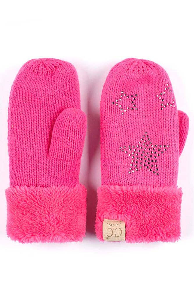 C.C Kids Star Rhinestone Fur Cuff Knitted Mitten: Indi pink