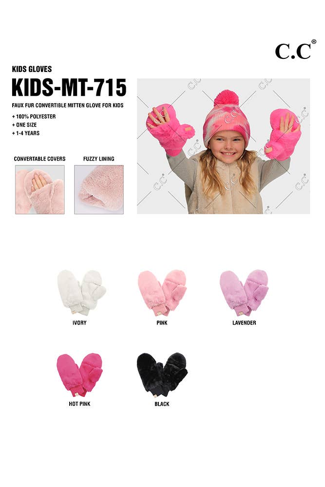 C.C Kids Faux Fur Convertible Mitten Glove: Hot Pink