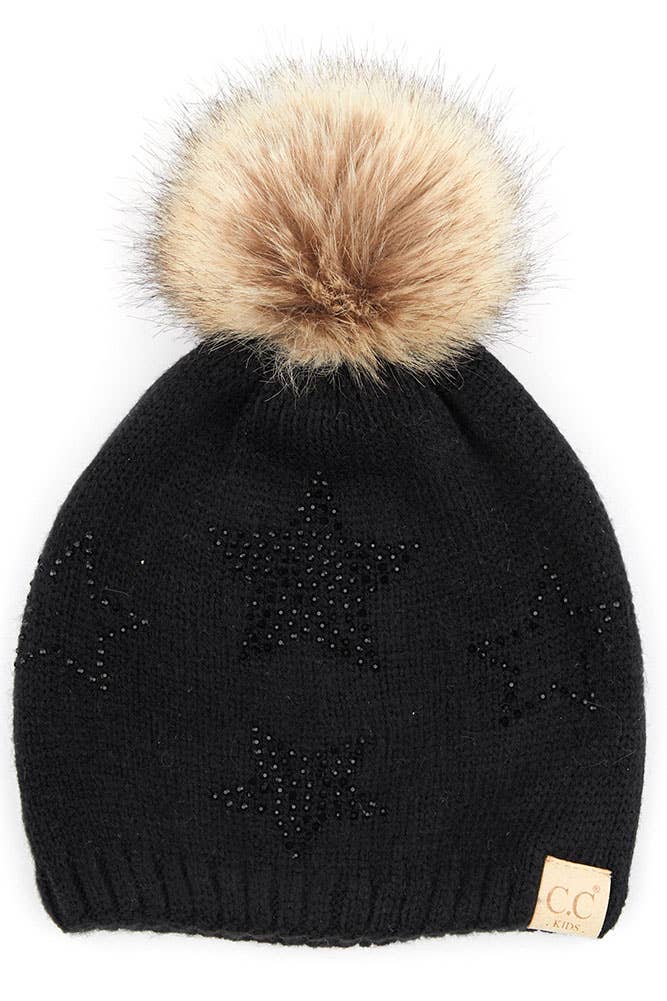 C.C Kids Faux Fur Pom Beanie with Rhinestone Star: New Candy Pink