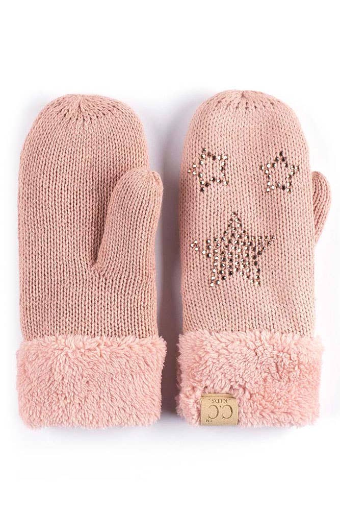 C.C Kids Star Rhinestone Fur Cuff Knitted Mitten: Indi pink