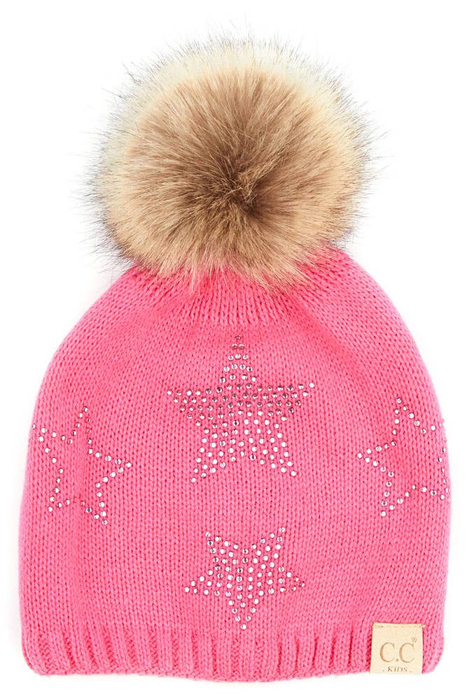 C.C Kids Faux Fur Pom Beanie with Rhinestone Star: New Candy Pink