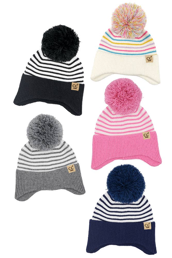 C.C Kids Stripe Earflap Yarn Pom Beanie Winter Hat: Unicorn