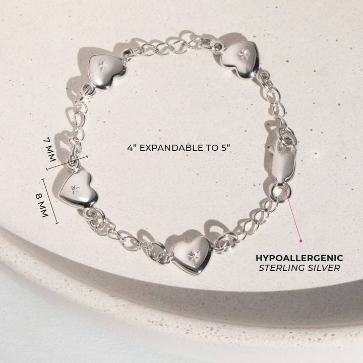 5" CZ Heart Charm Toddler Bracelet - Sterling Silver