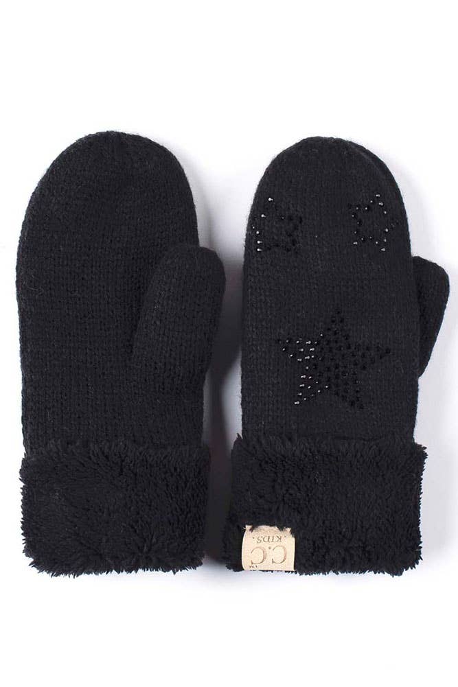 C.C Kids Star Rhinestone Fur Cuff Knitted Mitten: Indi pink