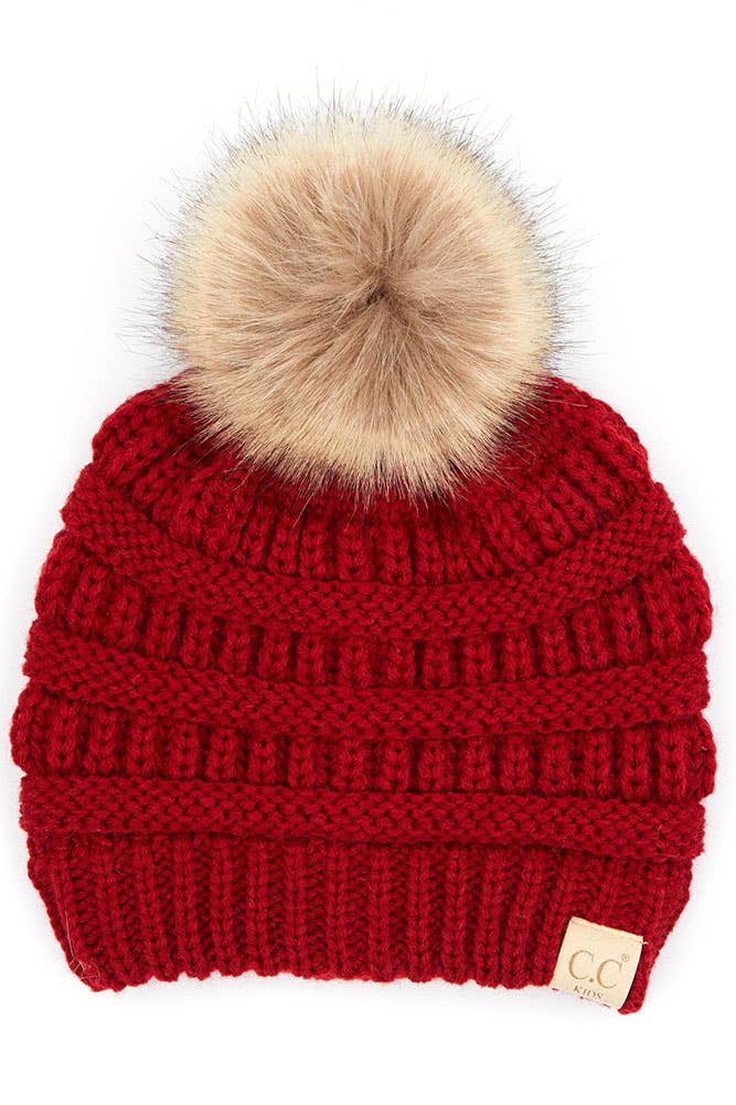 C.C Kids Solid Ribbed Beanie with Pom: Red