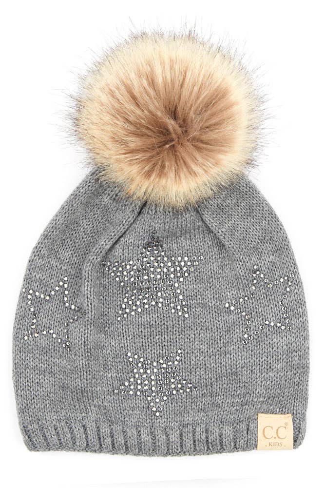 C.C Kids Faux Fur Pom Beanie with Rhinestone Star: New Candy Pink