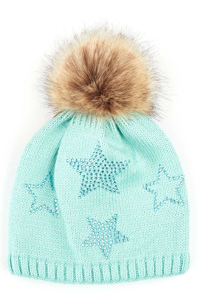 C.C Kids Faux Fur Pom Beanie with Rhinestone Star: New Candy Pink