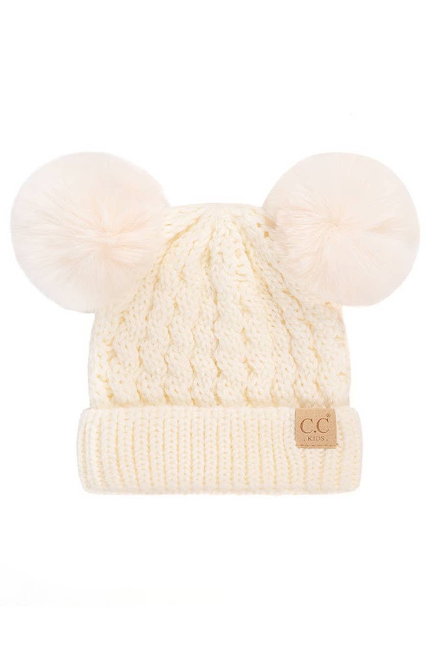 C.C Kids Double Pom Pom All Over Cable Beanie: Pale Pink