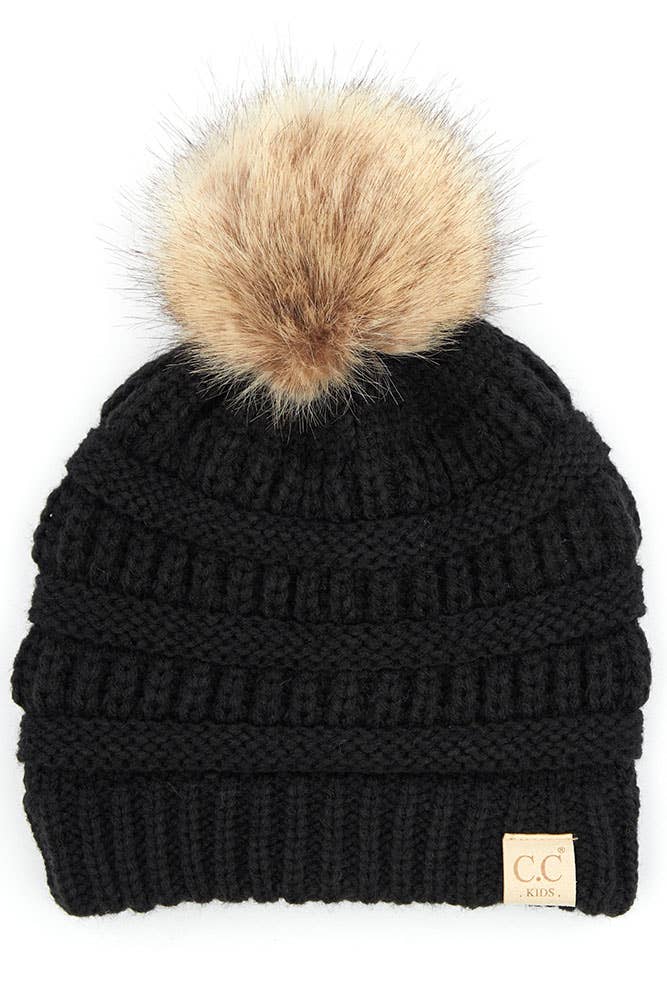 C.C Kids Solid Ribbed Beanie with Pom: Red