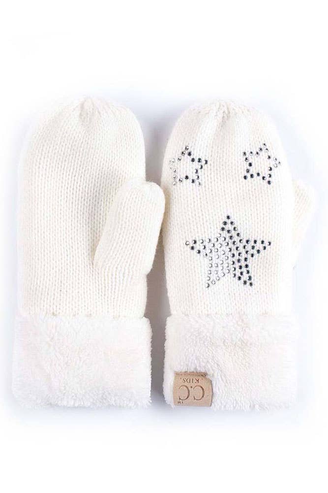 C.C Kids Star Rhinestone Fur Cuff Knitted Mitten: Indi pink