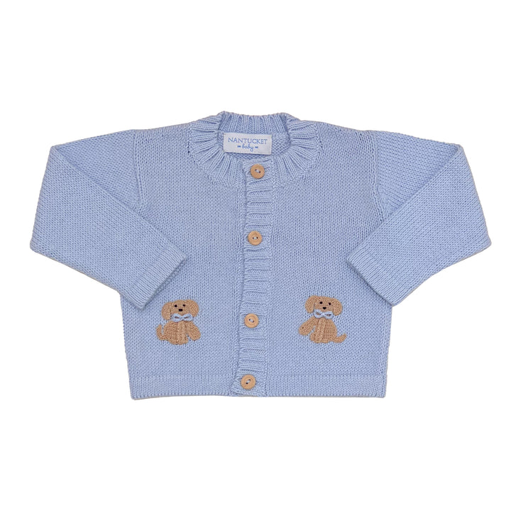 Puppy Crochet Applique Pima Cardigan-Blue