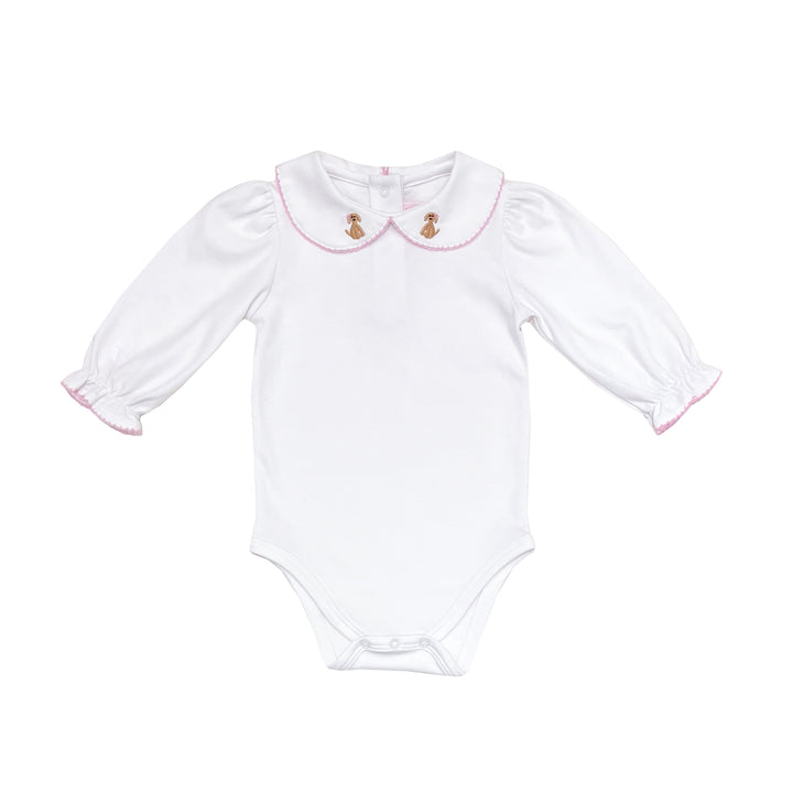 Puppy Embroidered Collar Shirt-Pink Trim