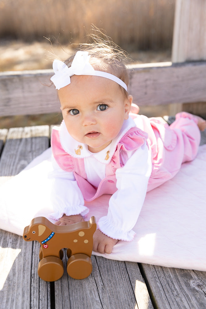 Puppy Embroidered Collar Shirt-Pink Trim