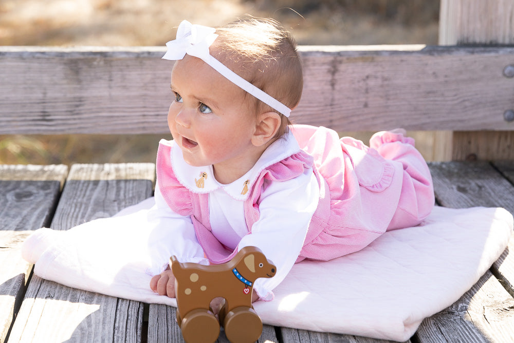 Puppy Embroidered Collar Shirt-Pink Trim