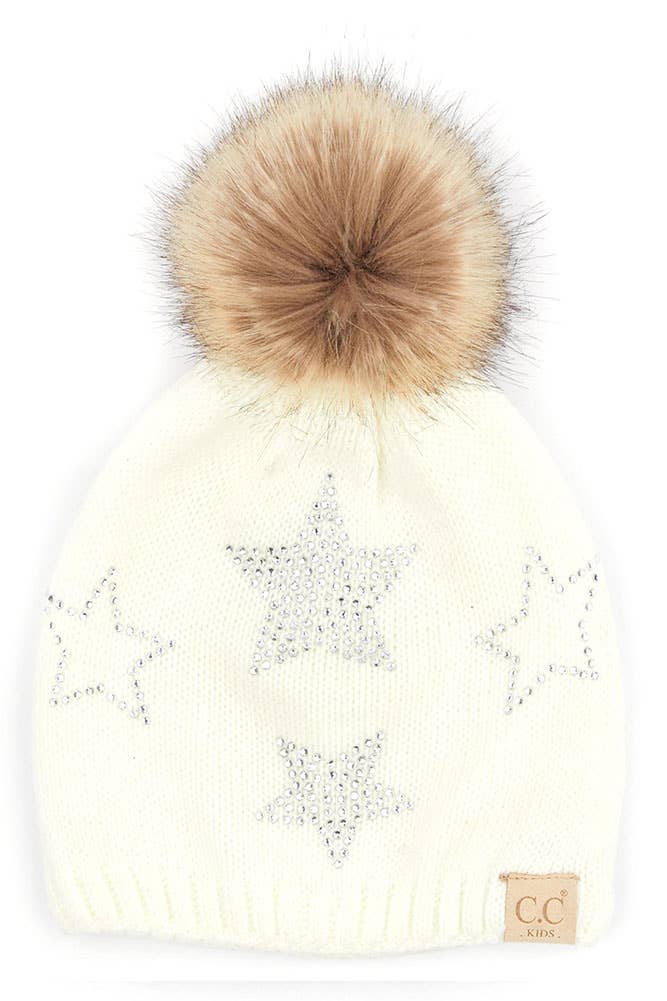 C.C Kids Faux Fur Pom Beanie with Rhinestone Star: New Candy Pink