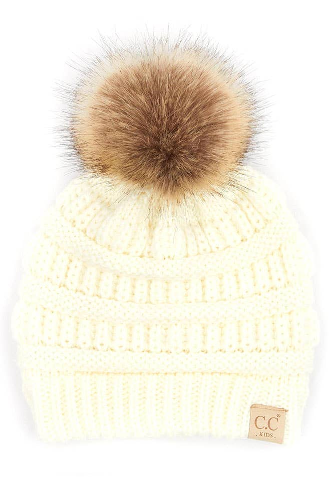 C.C Kids Solid Ribbed Beanie with Pom: Navy