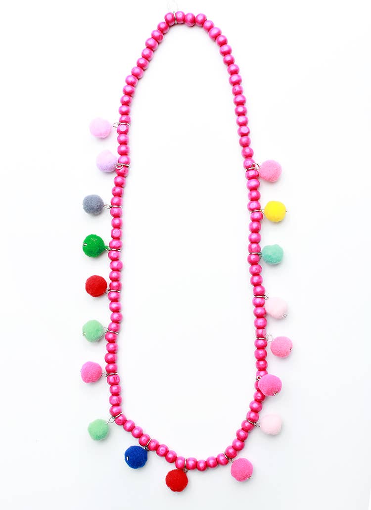 Wooden Pom Necklace: Hot Pink