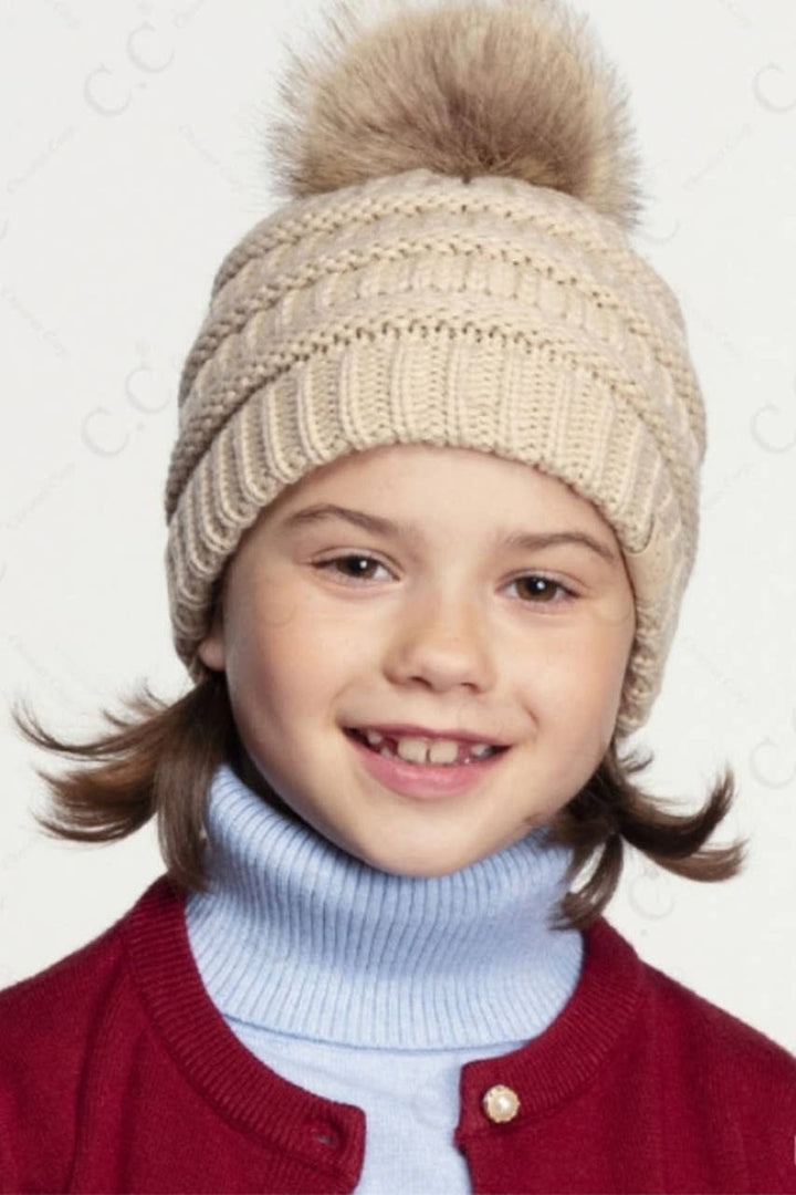 C.C Kids Solid Ribbed Beanie with Pom: Red