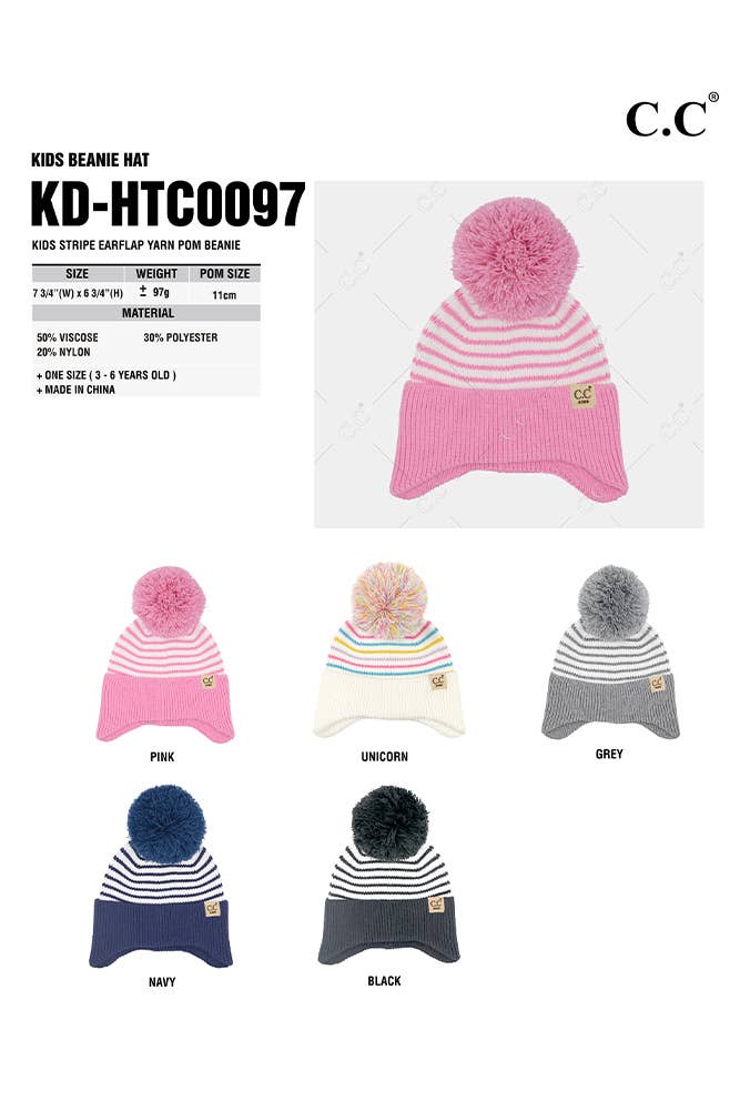 C.C Kids Stripe Earflap Yarn Pom Beanie Winter Hat: Unicorn