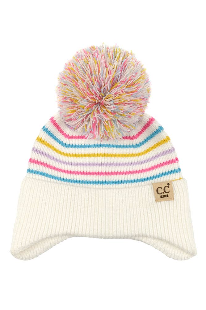 C.C Kids Stripe Earflap Yarn Pom Beanie Winter Hat: Unicorn