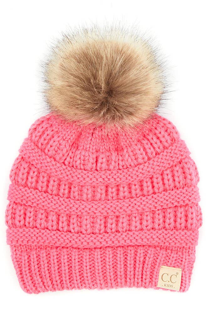 C.C Kids Solid Ribbed Beanie with Pom: Red