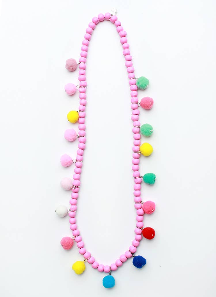 Wooden Pom Necklace: Pink