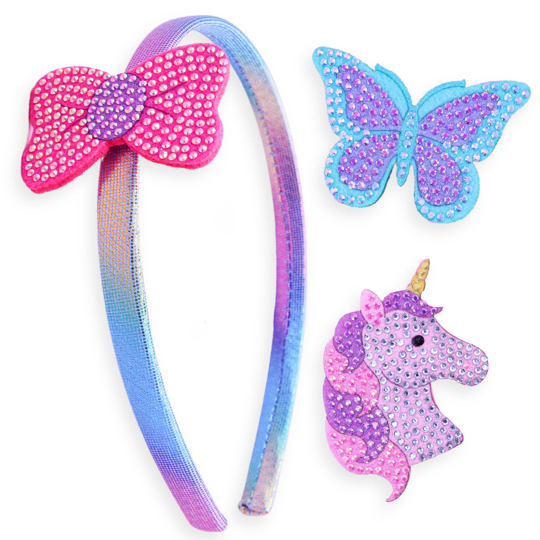 Unicorn/Butterfly/Bow Interchangeable Rhinestone Charm Headband and Hair Clips